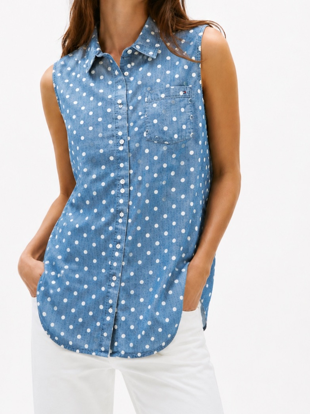 TOMMY HILFIGER Sleeveless Blue Polka Dot Button-Down Shirt Womens Tank Top